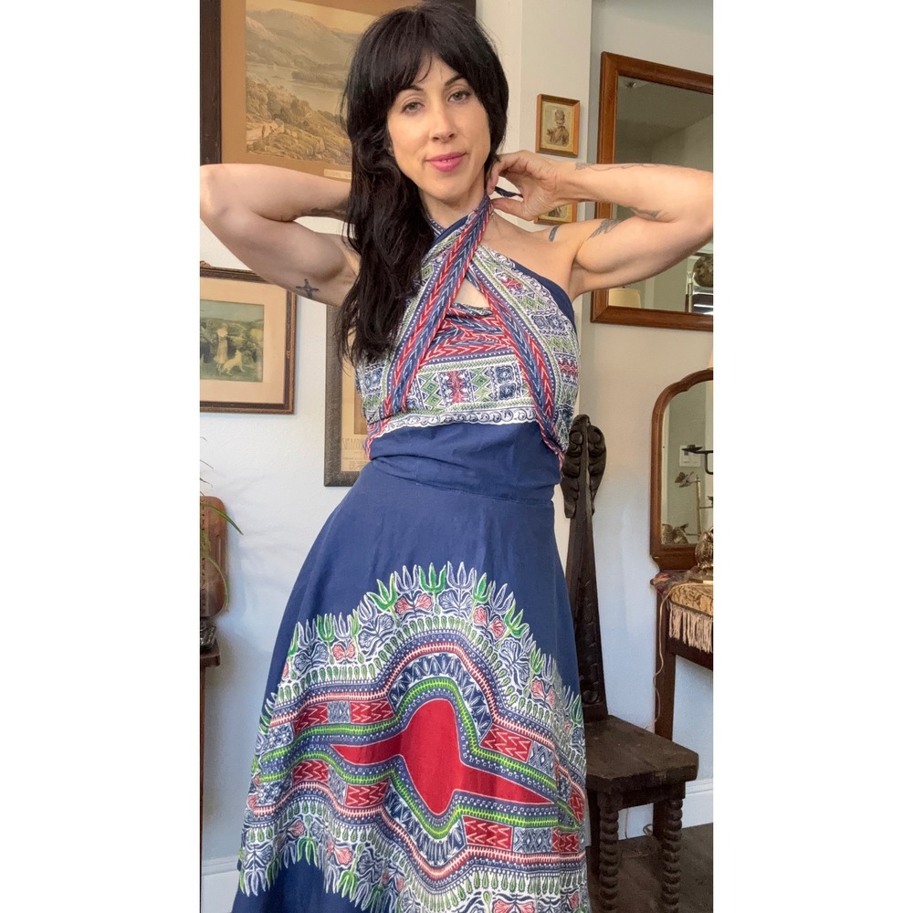 Vintage 60s 70s wrap convertible halter dress dashiki print hippie bohemian - Picture 5 of 9